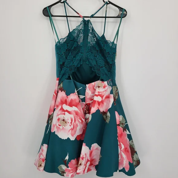 David's Bridal City Triangles Teal and Pink Lace Back Floral Mini Dress - Picture 14 of 14